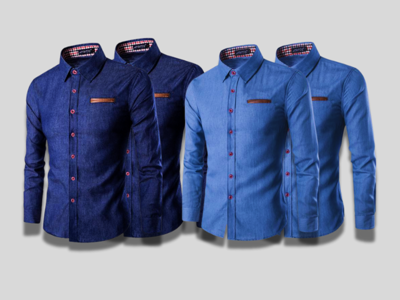 Kit 4 Camisas Masculina Jeans Slim Manga Longa - Azul e Azul Claro