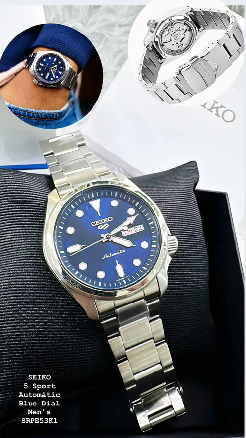 Relógio esportivo Seiko 5 SRPE53k1/marisio Cor da pulseira: aço, cor da moldura: aço, cor de fundo: azul